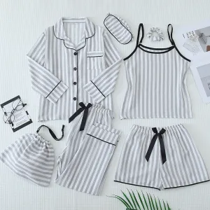 Fashion Casual Striped Print Parent-Child Bubble Cotton Pajamas Seven-Pieces Set with Shorts