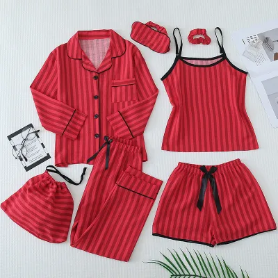 Fashion Casual Striped Print Parent-Child Bubble Cotton Pajamas Seven-Pieces Set with Shorts