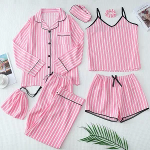 Luxurious Striped Print Parent-Child Cotton Pajamas Seven-Pieces Set