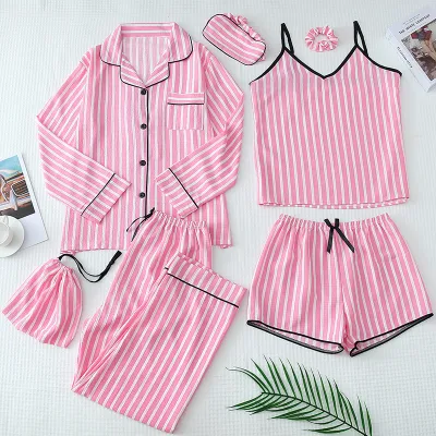 Luxurious Striped Print Parent-Child Cotton Pajamas Seven-Pieces Set