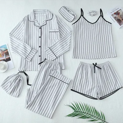 Luxurious Striped Print Parent-Child Cotton Pajamas Seven-Pieces Set