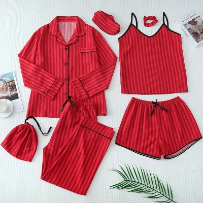 Luxurious Striped Print Parent-Child Cotton Pajamas Seven-Pieces Set