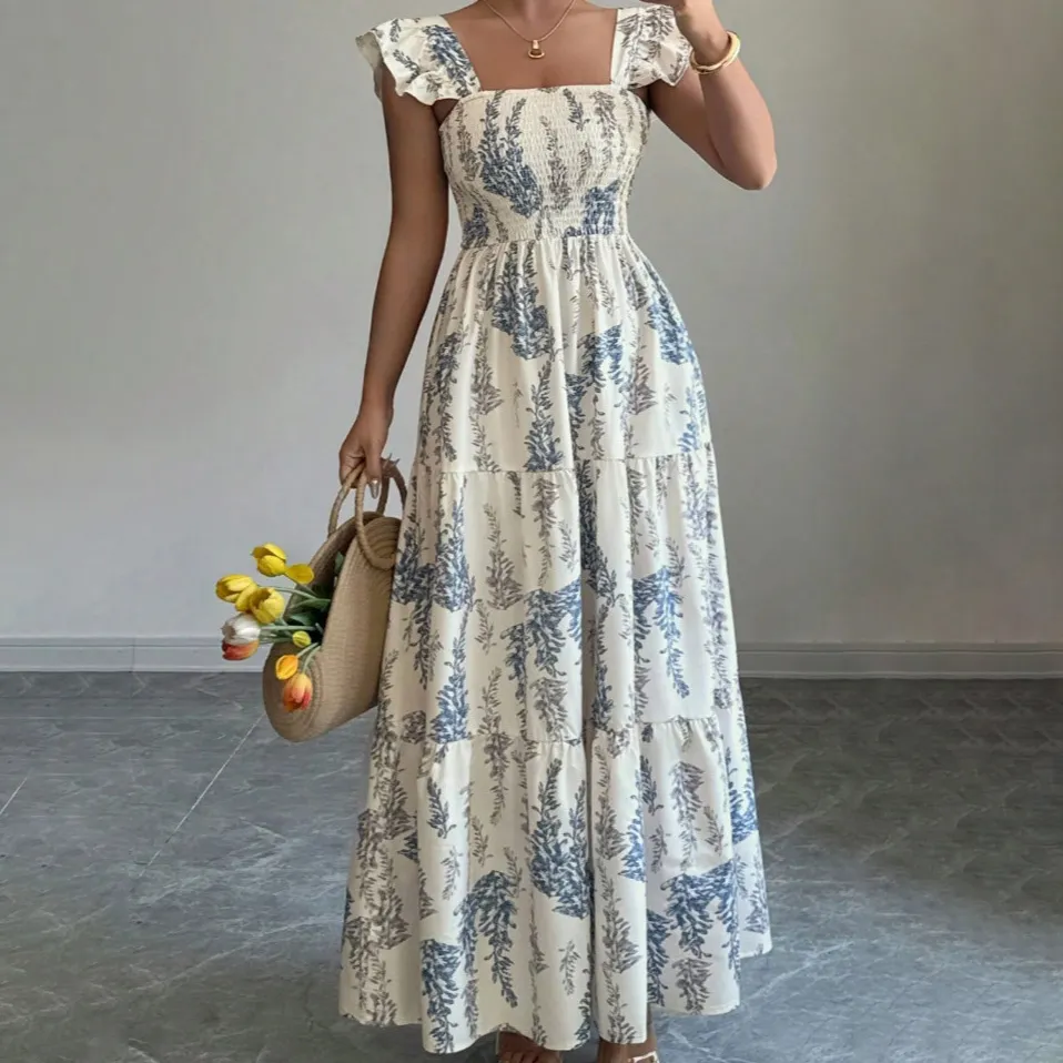 Women Fashion Casual Summer Printed Square Collar Sleeveless Dress