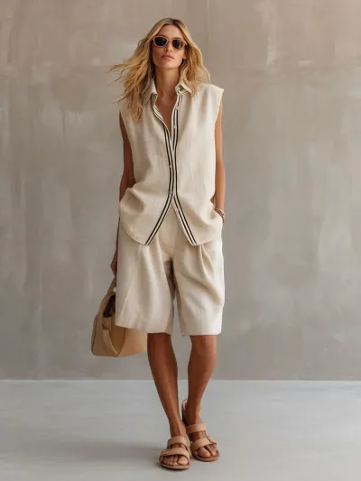 Women Fashion Casual Summer Linen Line Laple Single-Breasted Sleeveless Vest Loose Shorts Two-Piece Set