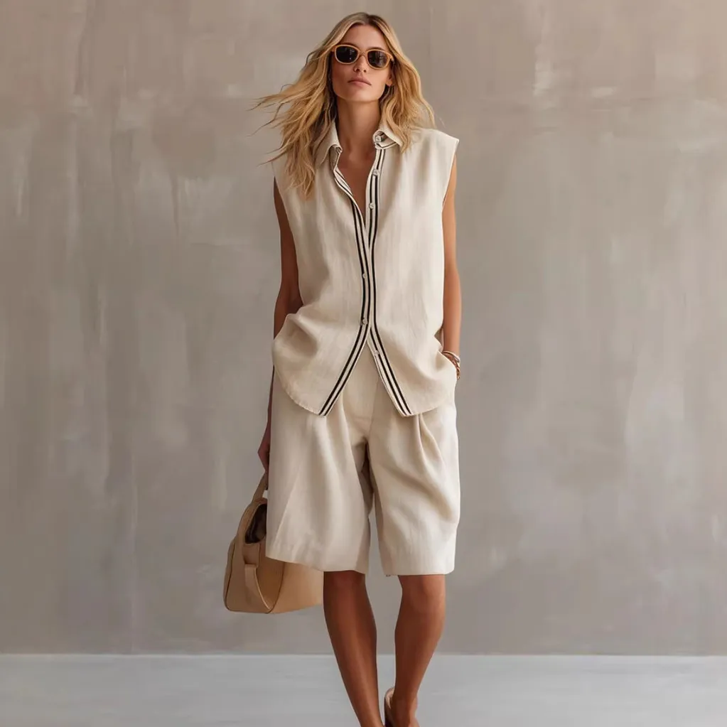 Women Fashion Casual Summer Linen Line Laple Single-Breasted Sleeveless Vest Loose Shorts Two-Piece Set