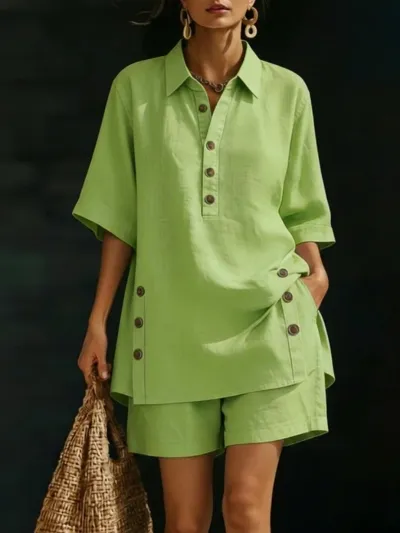 Women Fashion Casual Summer Solid Color Lapel Short-Sleeve Blouse Loose Shorts Two-Piece Set