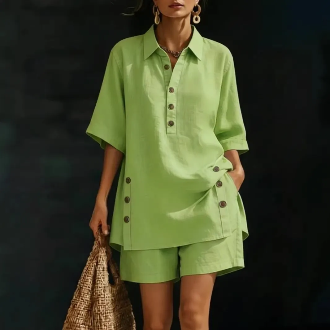 Women Fashion Casual Summer Solid Color Lapel Short-Sleeve Blouse Loose Shorts Two-Piece Set