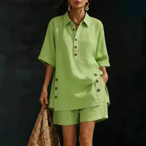 Women Fashion Casual Summer Solid Color Lapel Short-Sleeve Blouse Loose Shorts Two-Piece Set