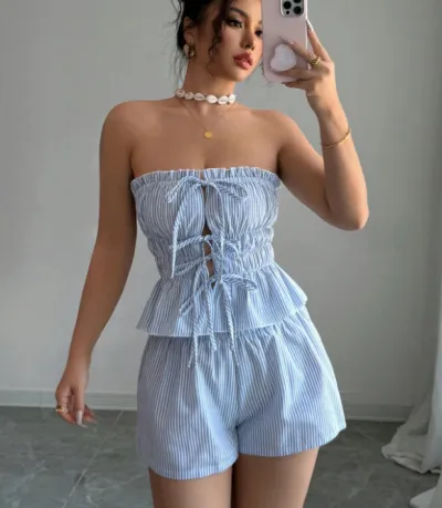 Women Fashion Casual Summer Stripe Pleated Tube Top Loose Shorts Two-Piece Set