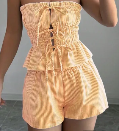 Women Fashion Casual Summer Stripe Pleated Tube Top Loose Shorts Two-Piece Set