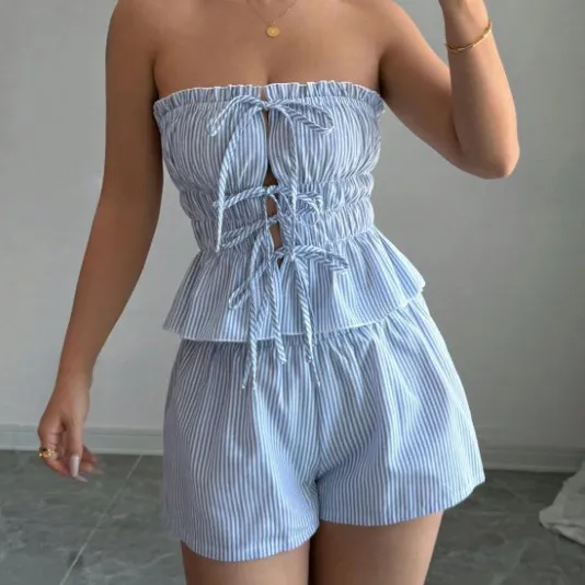 Women Fashion Casual Summer Stripe Pleated Tube Top Loose Shorts Two-Piece Set