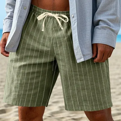 Men's Fashion Casual Summer Vertical Stripe Linen Loose Breathable Shorts S-5XL