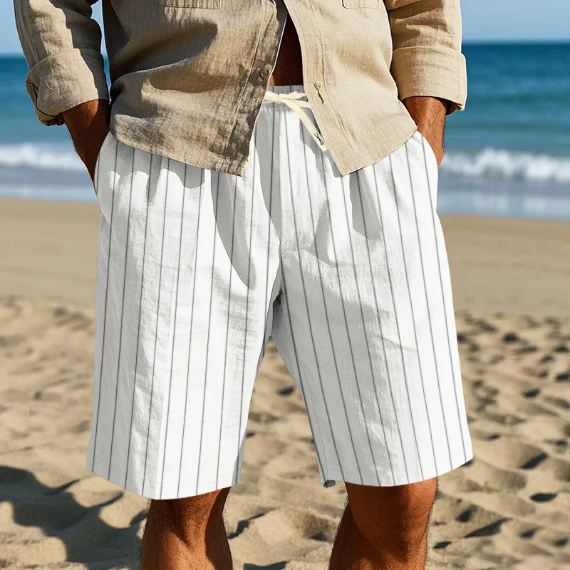 Men's Fashion Casual Summer Vertical Stripe Linen Loose Breathable Shorts S-5XL