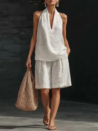 Women Fashion Casual Solid Color V-Neck Halter-Neck Sleeveless Tank Top Loose Shorts Two-Piece Set
