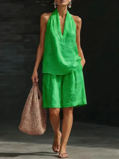 Women Fashion Casual Solid Color V-Neck Halter-Neck Sleeveless Tank Top Loose Shorts Two-Piece Set
