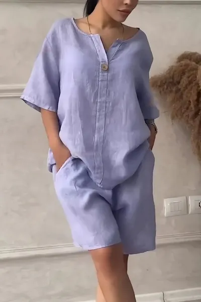 Women Fashion Casual Summer Solid Color Cotton Linen Short-Sleeve Top High Waist Loose Shorts Two-Piece Set
