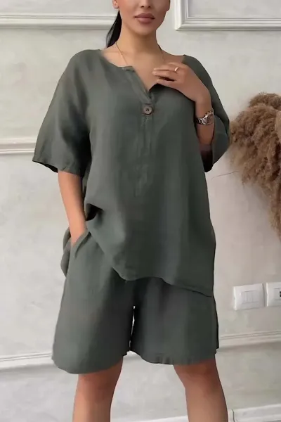 Women Fashion Casual Summer Solid Color Cotton Linen Short-Sleeve Top High Waist Loose Shorts Two-Piece Set