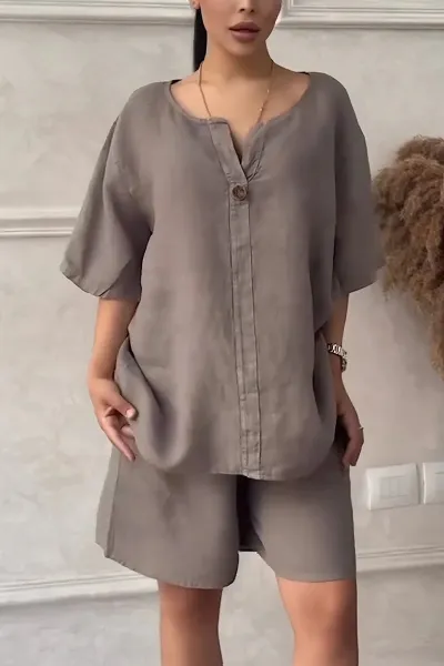 Women Fashion Casual Summer Solid Color Cotton Linen Short-Sleeve Top High Waist Loose Shorts Two-Piece Set