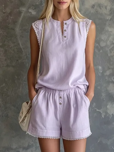 Women Fashion Casual Spring And Summer Solid Color V-Neck Button Sleeveless Tank Top Loose Shorts Two-Piece Set