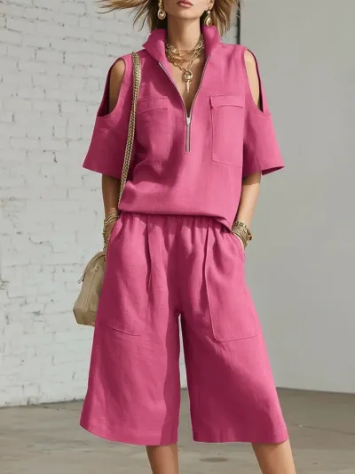 Women Fashion Causal Summer Solid Color Lapel Short-Sleeve Hollow-Out Top Loose Shorts Two-Piece Set