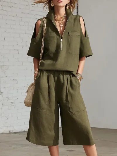 Women Fashion Causal Summer Solid Color Lapel Short-Sleeve Hollow-Out Top Loose Shorts Two-Piece Set