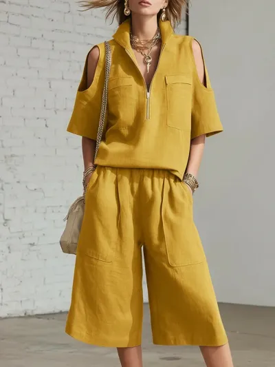 Women Fashion Causal Summer Solid Color Lapel Short-Sleeve Hollow-Out Top Loose Shorts Two-Piece Set