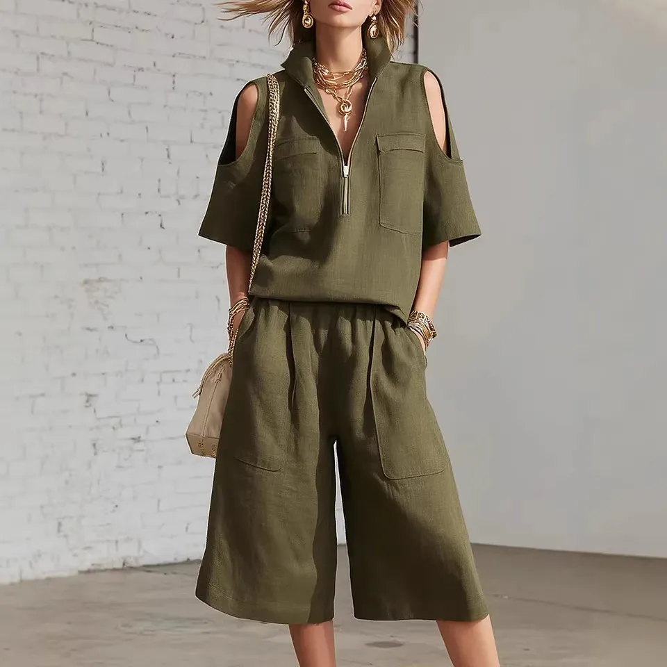 Women Fashion Causal Summer Solid Color Lapel Short-Sleeve Hollow-Out Top Loose Shorts Two-Piece Set