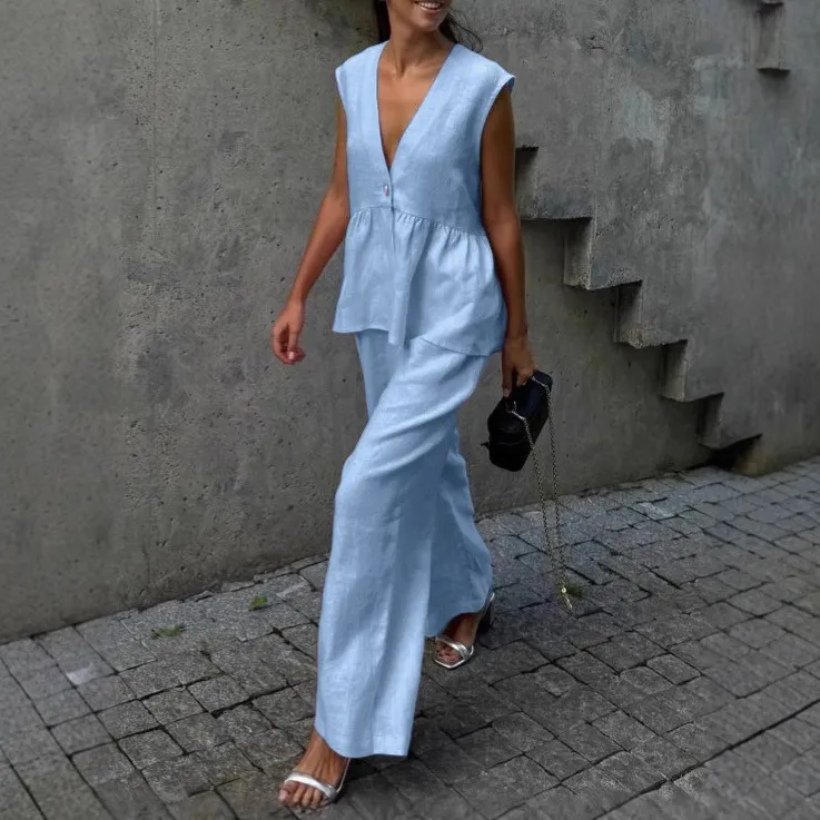 Women Fashion Casual Solid Color V-Neck Sleeveless Vest Loose Pants Two-Piece Set