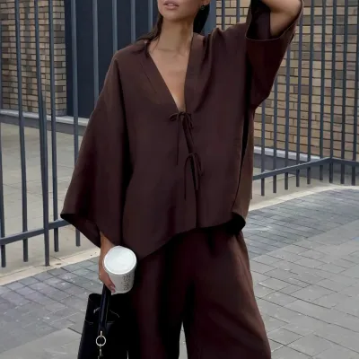 Women Fashion Casual Spring And Summer Solid Color Long-Sleeve Lace-Up Top Wide Leg Pants Two-Piece Set