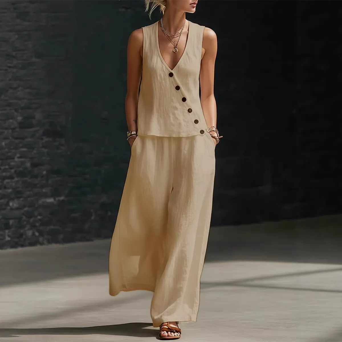 Women Fashion Casual Spring And Summer Solid Color Sleeveless V-Neck Top Wide-Leg Pants Two-Piece Set