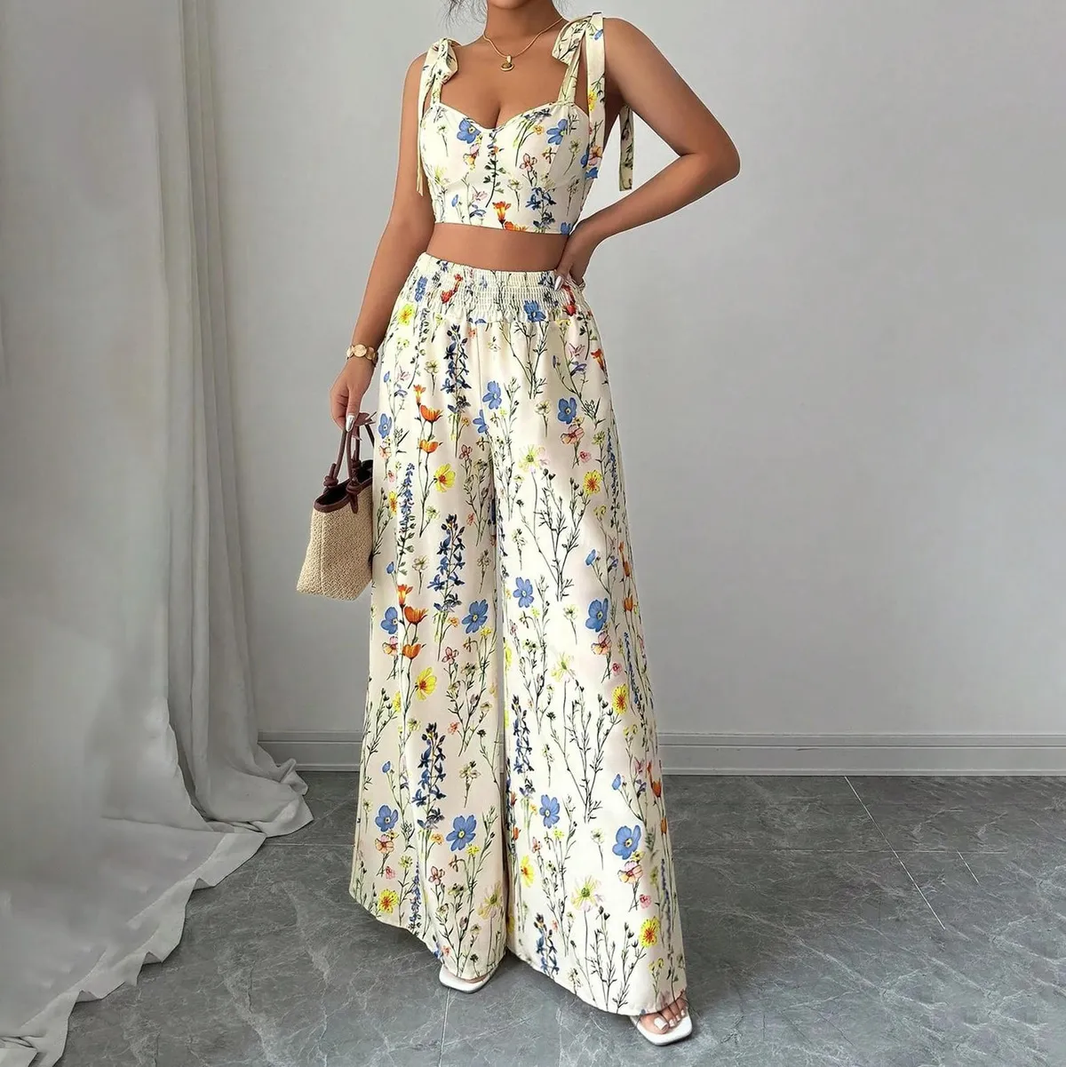 Women Fashion Casual Summer Printed Tank Top Wide-Leg Pants Two-Piece Set
