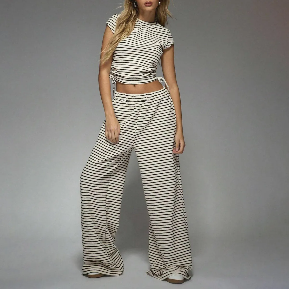 Women Fashion Casual Summer Stripe Short-Sleeve Crop Top High Waist Loose Wide Leg Pants Two-Piece Set