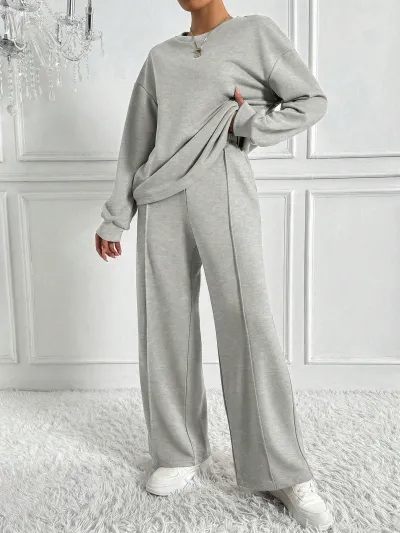 Women Fashion Casual Solid Color Round-Neck Long-Sleeve Sweatshirt Loose Pants Two-Piece Set
