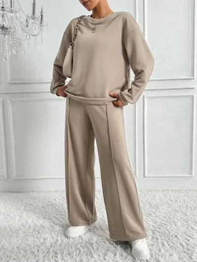Women Fashion Casual Solid Color Round-Neck Long-Sleeve Sweatshirt Loose Pants Two-Piece Set