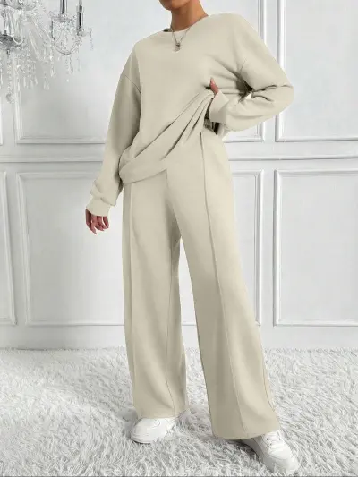 Women Fashion Casual Solid Color Round-Neck Long-Sleeve Sweatshirt Loose Pants Two-Piece Set