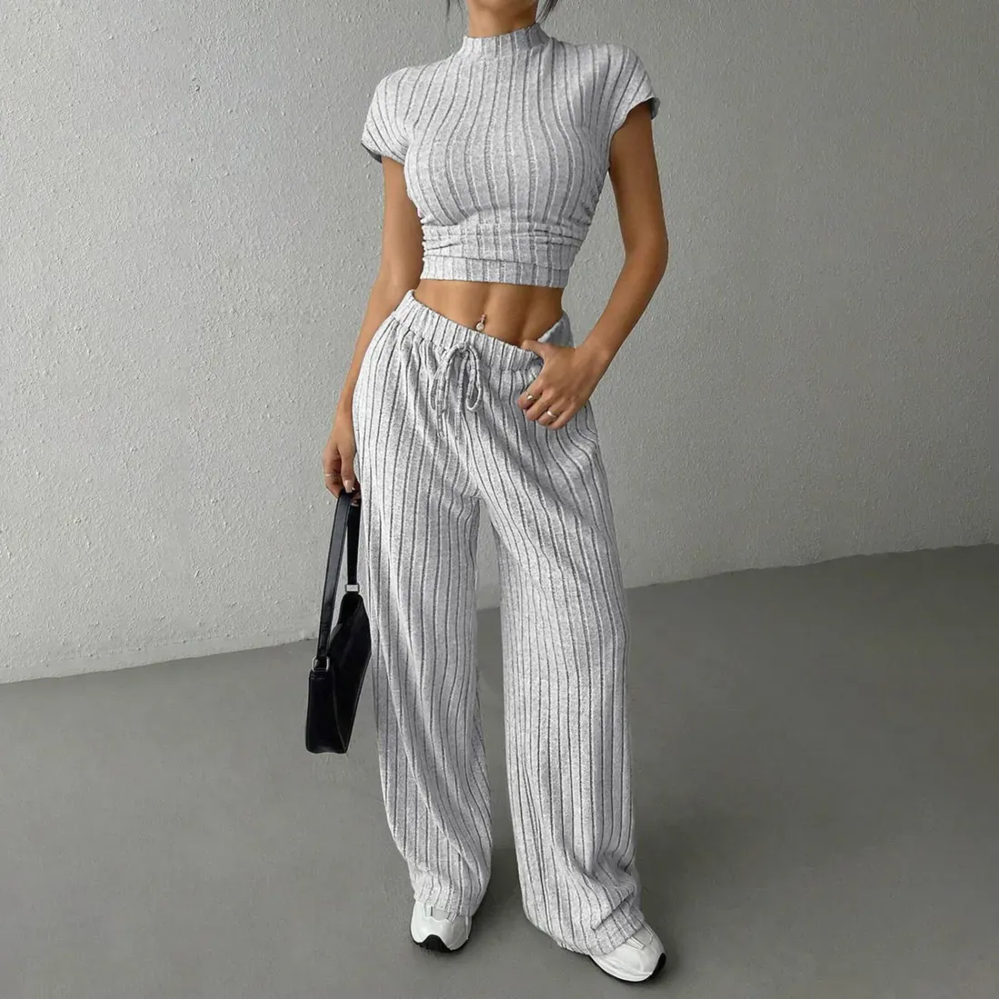 Women Fashion Casual Solid Color Ribbed Short-Sleeve Crop Top Slim-Fit Pants Two-Piece Set