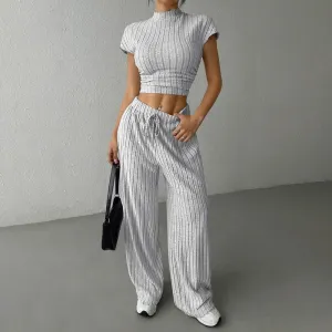 Women Fashion Casual Solid Color Ribbed Short-Sleeve Crop Top Slim-Fit Pants Two-Piece Set