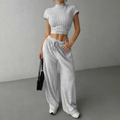 Women Fashion Casual Solid Color Ribbed Short-Sleeve Crop Top Slim-Fit Pants Two-Piece Set
