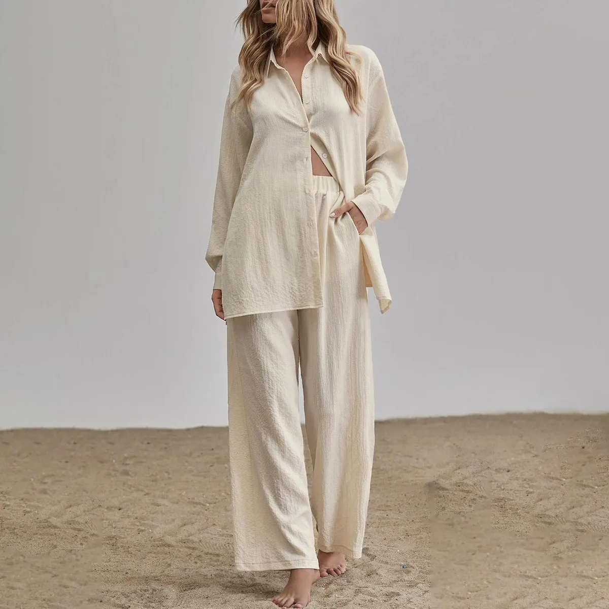 Women Fashion Casual Solid Color Lapel Long-Sleeve Blouse Pocket Wide Leg Pants Two-Piece Set