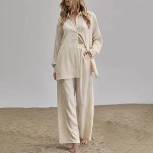 Women Fashion Casual Solid Color Lapel Long-Sleeve Blouse Pocket Wide Leg Pants Two-Piece Set