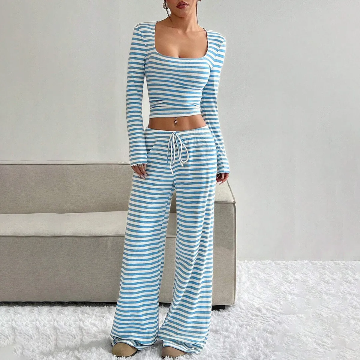 Women Fashion Casual Stripe Long Sleeve Crop Top Drawstring Lace-Up Loose Pants Two-Piece Set