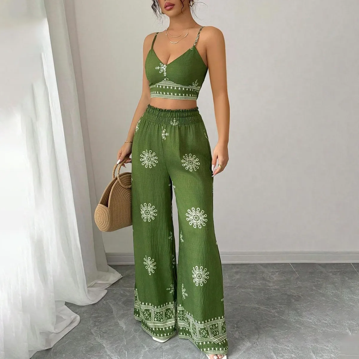 Women Fashion Casual Summer Printed Camisole Wide Leg Pants Two-Piece Set