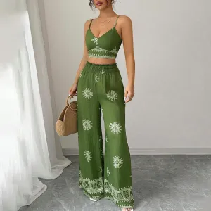 Women Fashion Casual Summer Printed Camisole Wide Leg Pants Two-Piece Set