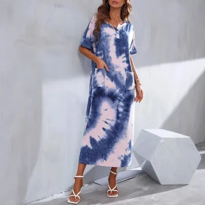 Women Fashion Casual Summer Tie-Dye Short-Sleeve Loose Pocket Dress