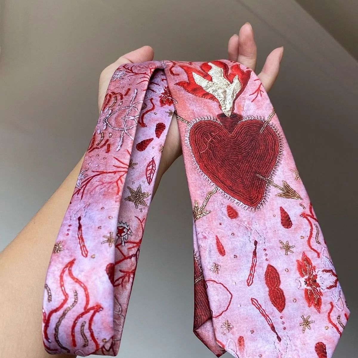 Women Fashion Retro Heart Flame Red Embroidery Love Pink Silk Scarf