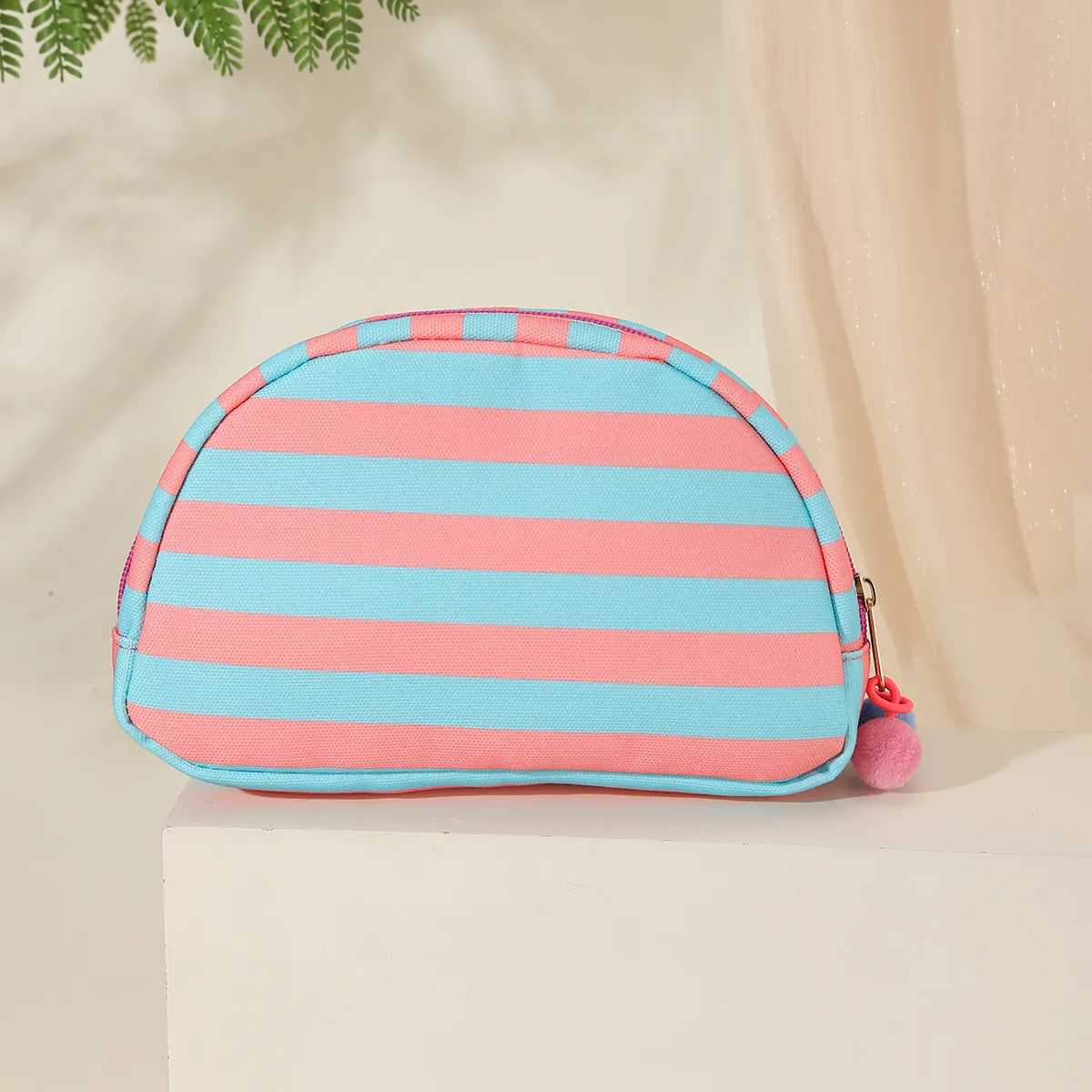Fashion Casual Dopamine Color Stripe Semicircle Shell Canvas Makeup Bag