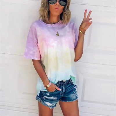 Women Fashion Casual Summer Tie-Dye Short-Sleeve Loose T-Shirt