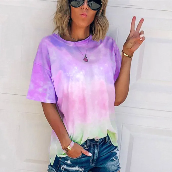 Women Fashion Casual Summer Tie-Dye Short-Sleeve Loose T-Shirt