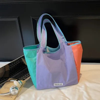 Fashion Casual Dopamine Contrast Color Canvas Portable Foldable Tote Bag