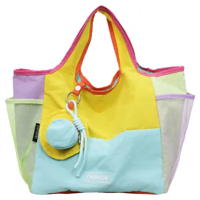 Women Fashion Casual Multicolor Stitching Dopamine Folding Portable Tote Bag